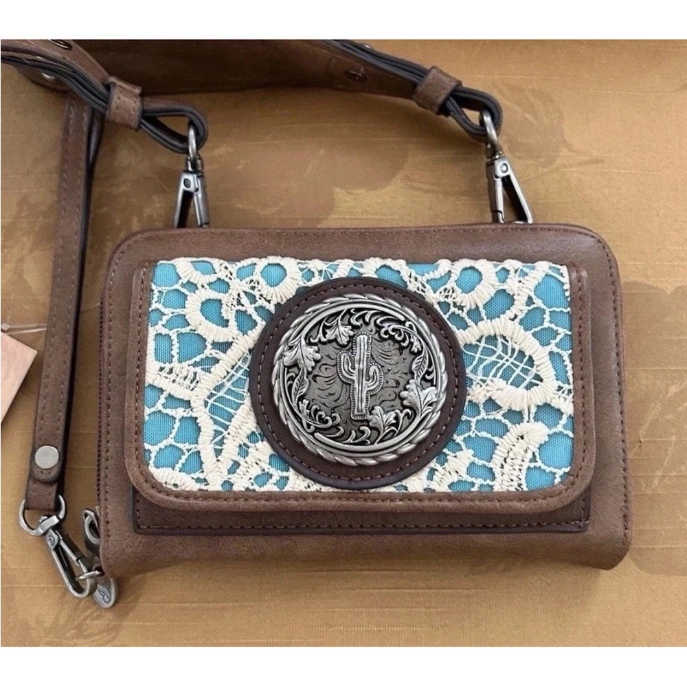 Justin Western Cactus Concho Turquoise Cream Lace Wallet Clutch Crossbody Bag